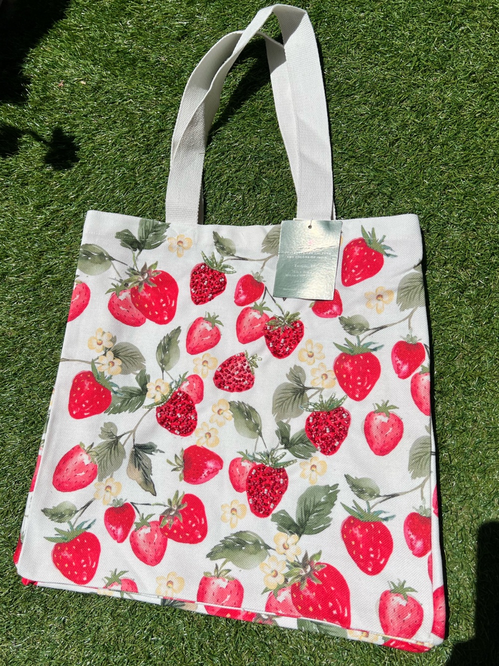 STRAWBERRY BEADED CANVAS TOTE BAG